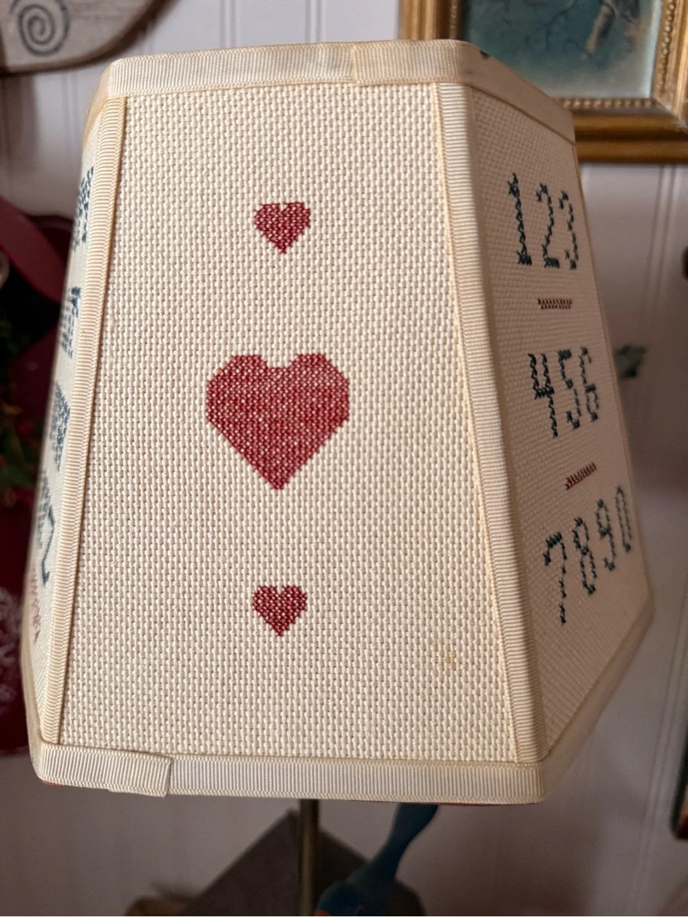Amazing Vintage Folk Art Primitive Cross Stitch Sampler Lampshade 6-3/4